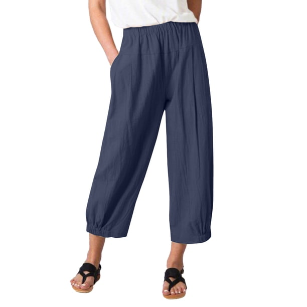 Pantalones de pierna ancha para mujer, elásticos, de cintura alta, holgados, de color puro, informales, para mujer, pantalones noveno con bolsillos para viajes, Fitness, azul marino M