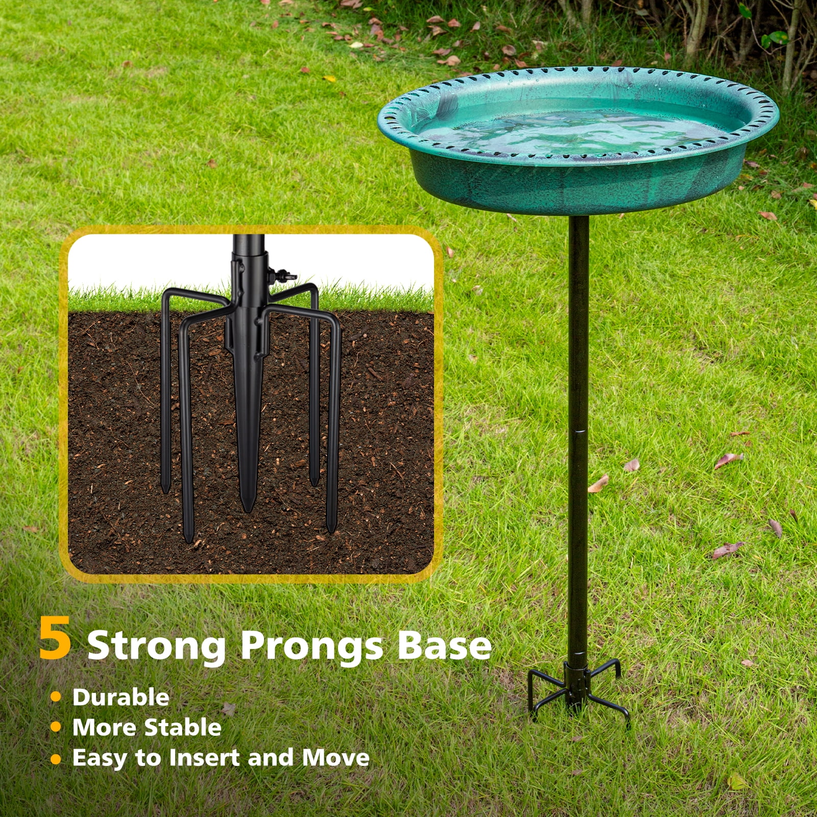 OBENSKY Oval Polyresin Bird Bath Bowl with Metal Stake, 34 Inch Height Outdoor Freestanding Birdfeeder - Green