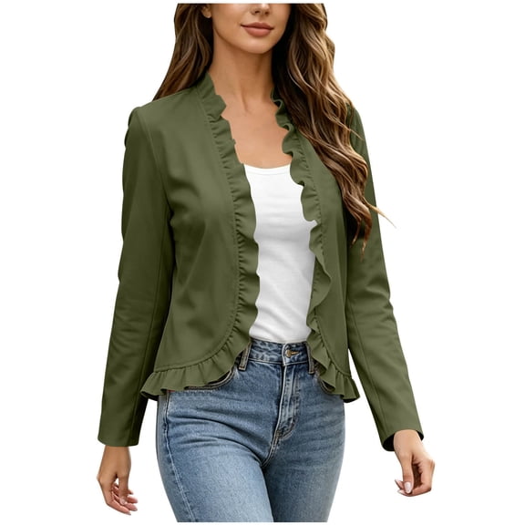 Hueook Denim Jackets for Women Cropped Long Sleeve Ruffle Open Front Crop Jean Shacket Elegant Fashion Ruffles Cardigan Coat Long Sleeves Army Green M