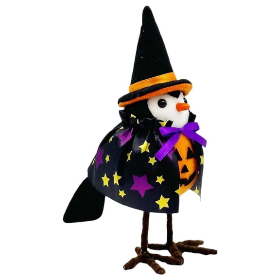 Halloween Bird Figurine, Velvet Top Hat Raven Decorative Ornament, Cute Fabric Standing Bird for Tabletop Shelf Display, Indoor Outdoor Fall Halloween Party Decor (B)