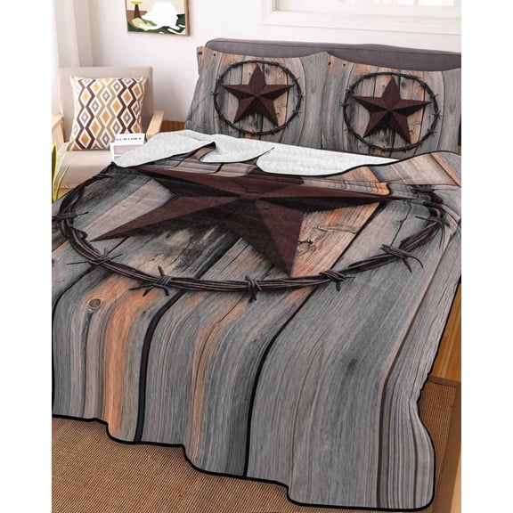 Texas Star Brown King Size Down Alternative Comforter, Lightweight Comforter Quilt Bedding Set with Pillow Shams Farmhouse Country Western Brown Wooden All Seasons Bed Comforter Duvet Insert 96"x106"