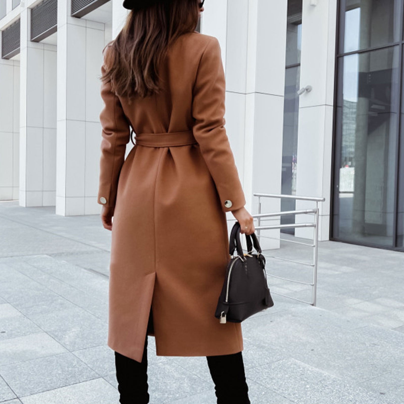 TBKOMH Trench Coats For Women,Fashion Lapel Faux Wool