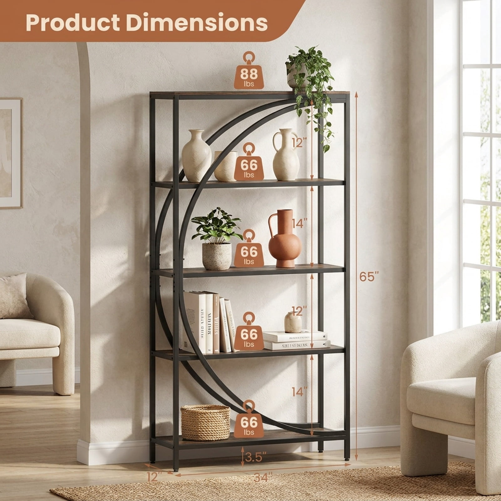 Furnibear 5-Tier Bookshelf with Half-Moon Shape for Living Room and Home Office for Living Room Home Office Bedroom Display Storage, Rustic Brown