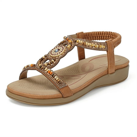 

SHIBEVER Womens Flats Sandals Bohemia Beaded Open Toe Elastic Ankle Strap Sandals Summer Beach Shoes Sandal Brown