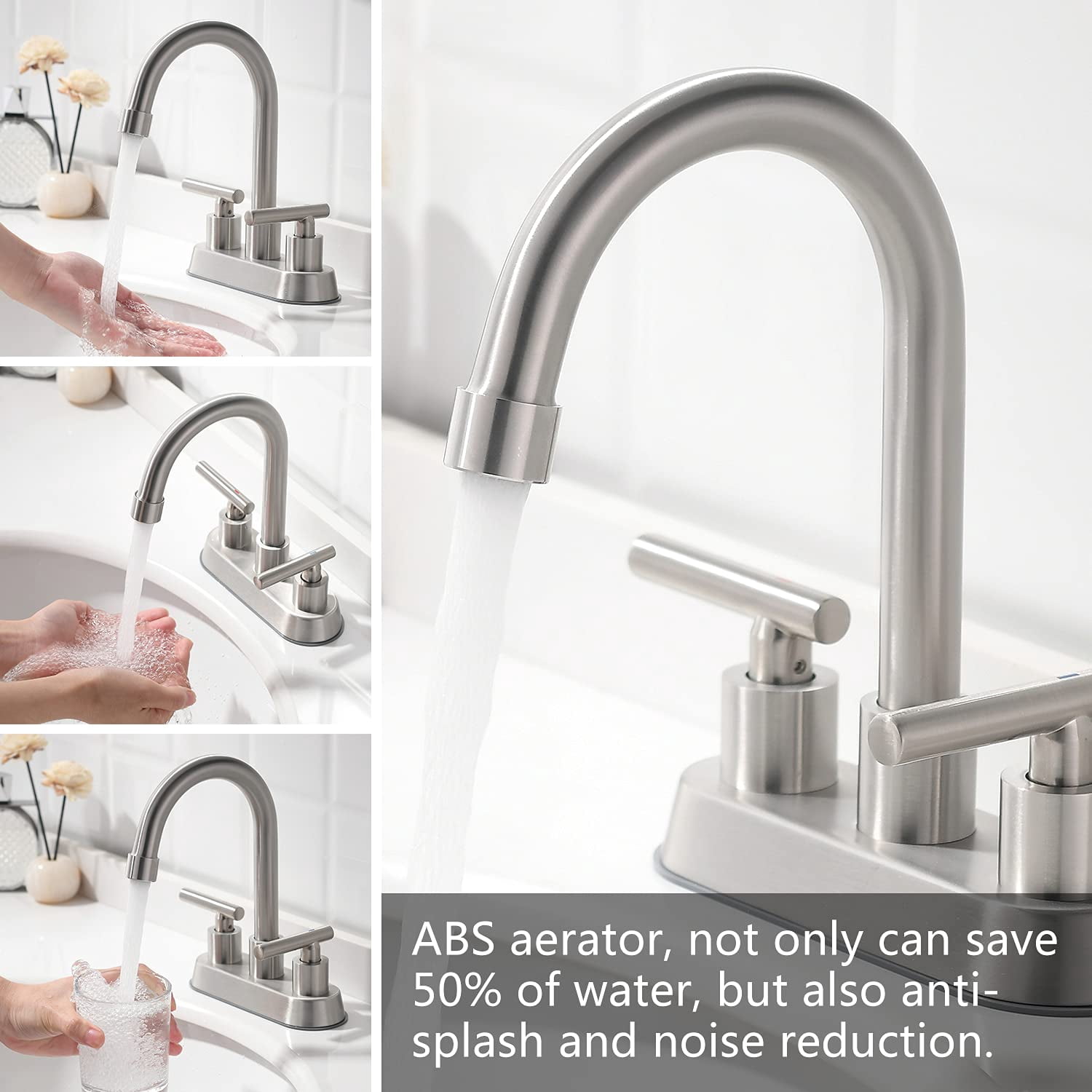 Mikhai Bathroom Faucets 3 Hole,  4 inch Bathroom Faucet 3 Hole Matte White with Pop-up Drain and 2 Supply Hoses, Stainless Steel Lead-Free 2-Handle Center set Faucet for Sink Vanity
