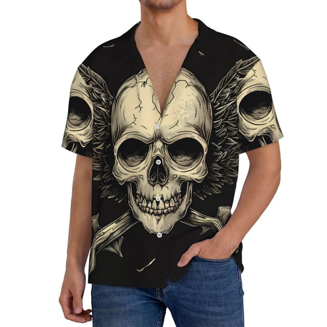 Fotbe Gothic Winged Skull Camisa Estampada de Manga Corta para Hombre, Casual de Verano, Estilo Playero, Sin Arrugas-Large