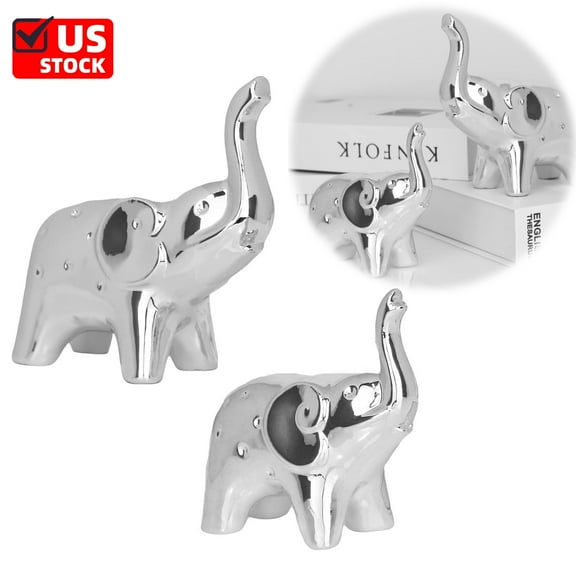 2PCS Elephant Statue Home Decor,Modern Style Figurines, Ceramics Silver Sculpture for Office Desktop Bookshelf Living Room