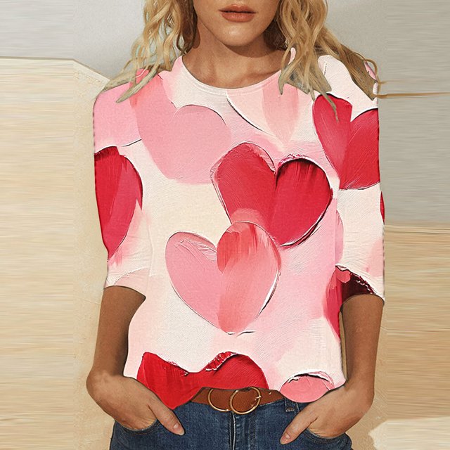 Styesk T-Shirts pour Femmes à Manches 3/4 Longueur, Imprimé Cœur, Hauts de Sortie, T-Shirts Confortables et Doux à Col Rond, Chandail à Enfiler, T-shirt Léger de Mode, Graphique de la Saint-Valentin, Grande Taille, Hauts Décontractés