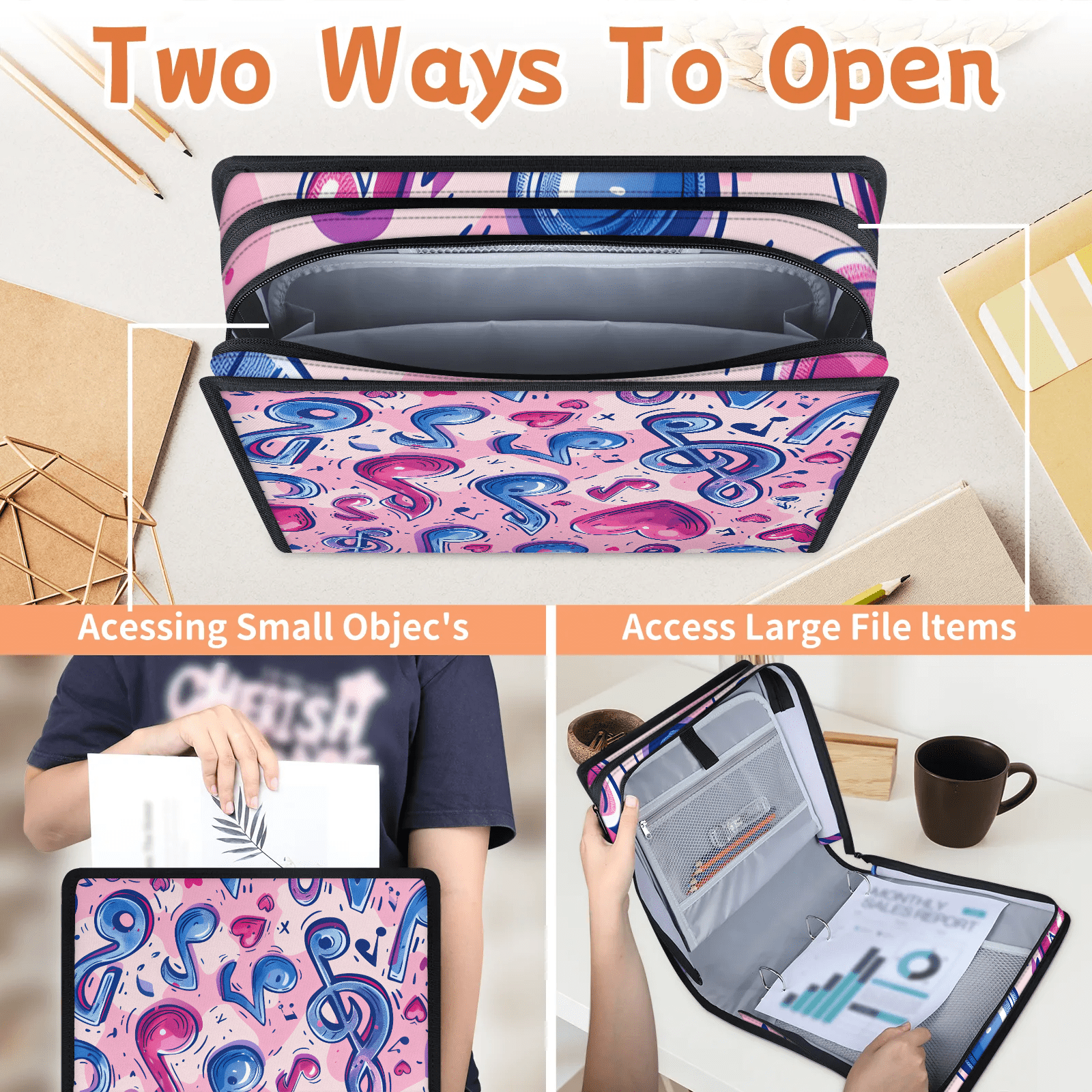Herdesigns Musical Notes Zipper Binder 1.5 Inch 3 D-Rings with Shoulder Strap & Handle, Waterproof Binder Organizer Bag for 13 Inch Laptop
