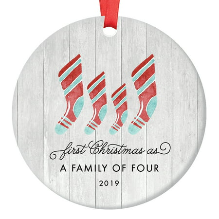 First Christmas As Family of Four Ornament 2019, Farmhouse Woodsy Two Kids New Parents Xmas Present Mom Dad Mother Father Ceramic Porcelain Keepsake 3