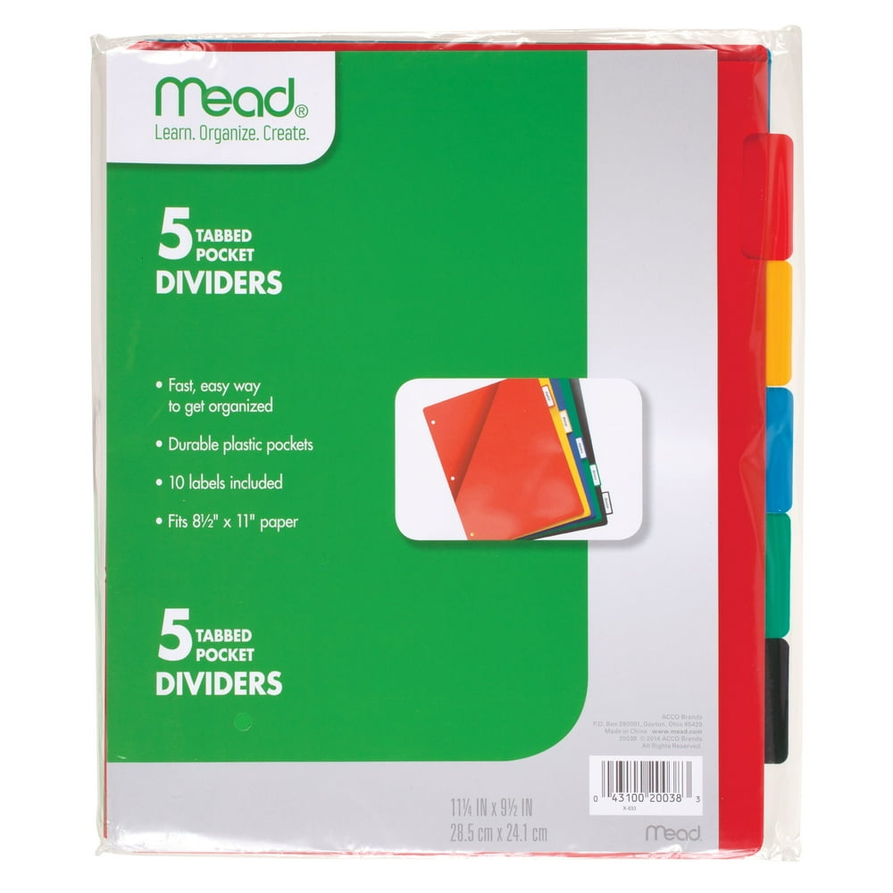 Mead 5 Tabbed Pocket Binder Dividers, Assorted, 5 Pack (20038