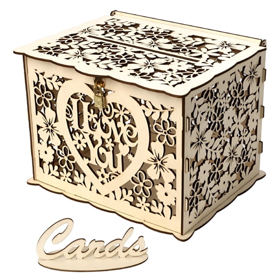 LAMIRO Wooden Wedding Card Box with Lock Gift Card Box for Wedding Reception DIY Rustic Envelope Box for Wedding Party Birthday Graduation Decorations
