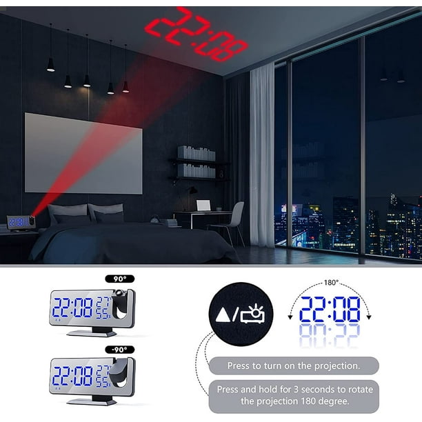 Radio-réveil à projection avec affichage bleu et port de chargement USB