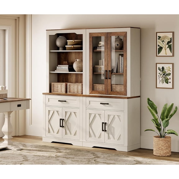 WAMPAT 5 Tier Bookcase with Barn Door,73.3" Tall Open Storage Bookshelf,Floor Standing Farmhouse Display Organizer with Drawer and Glass Door for Home Office,Living Room,White Oak