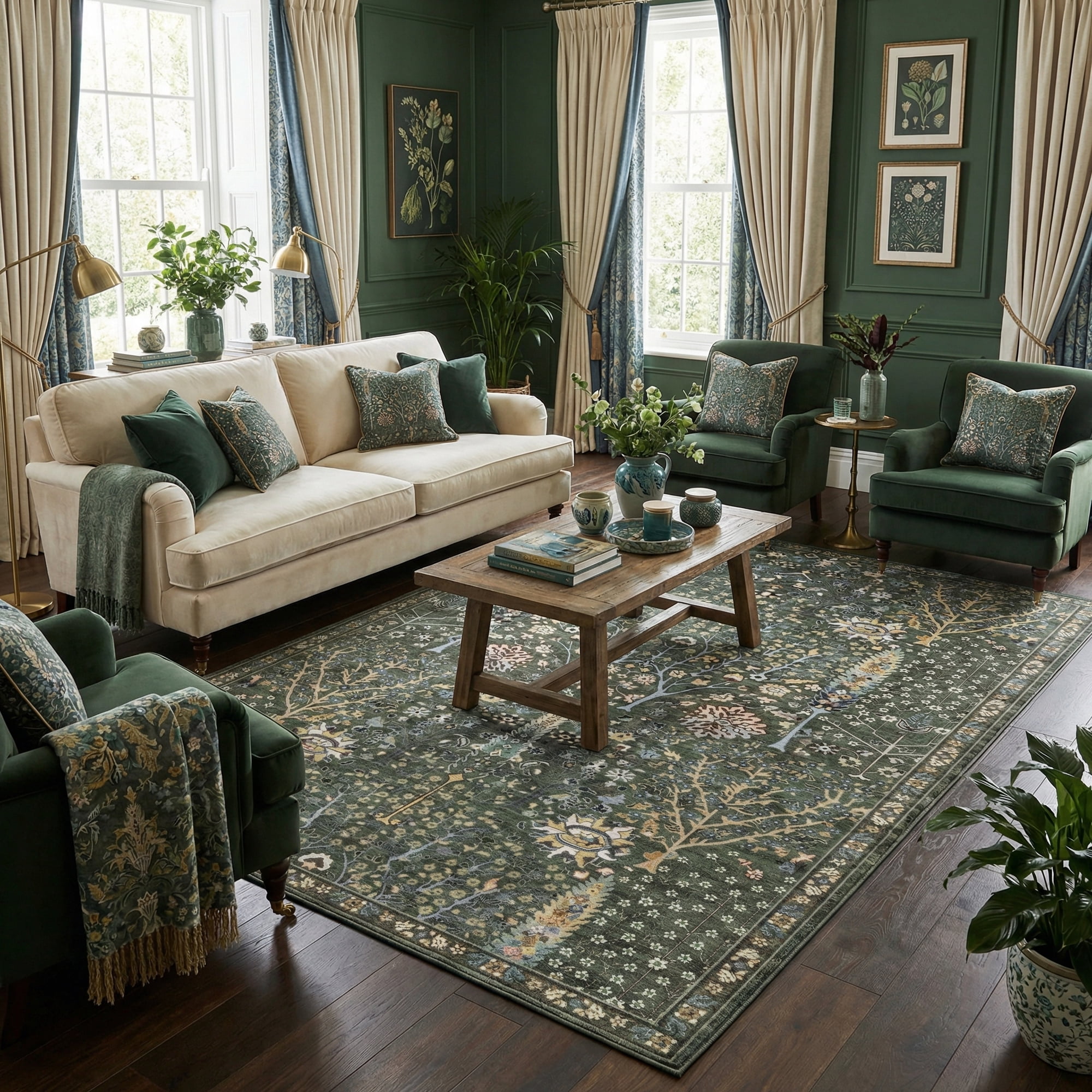 Washable Oriental Rug, 6x9 Sage green Boho Botanical Floral Vintage Carpet, Soft Large Indoor Rug for Living Room, Bedroom, Office, Playroom