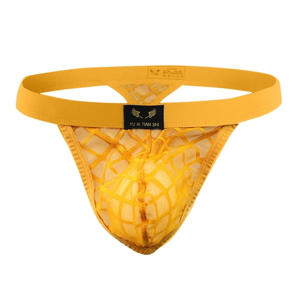 Mens Underwear Fashion Transparent Low Waist Mesh Thong, S, Yellow