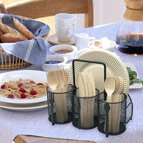 Utensil Caddy Silverware Holder - 4 Compartment Metal Mesh Cutlery Fork Spoon Napkin Plate Organizer Flatware Storage Basket Party Kitchen Countertop Buffet Picnic Camping Outdoor BBQ Black