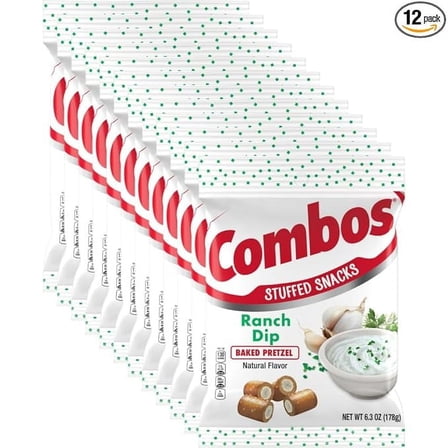 COMBOS Ranch Dip Baked Pretzel Stuffed Snacks, 6.3 Oz Bags (Pack of 12)