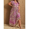 thumbnail image 2 of Women's Plus Size Printed V Neck Cap Sleeve Maxi Dress 100% viscose Tied Ruched Look All Day Comfort Machine Wash Cold, 2 of 9