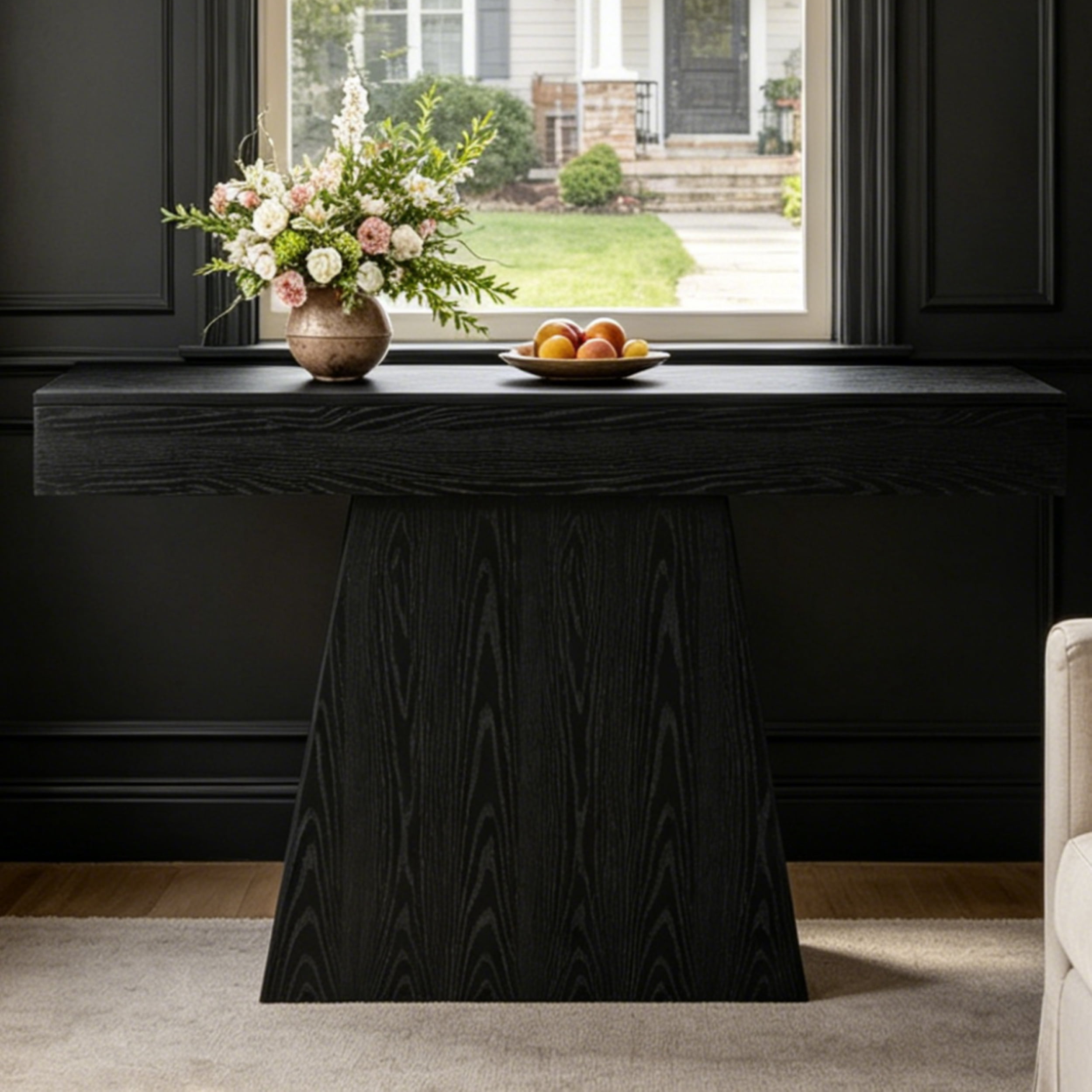 Fnova 63" Farmhouse Console Table, Narrow Wooden Entryway Table, Geometric Base Sofa Table for Living Room, Hallway, Black