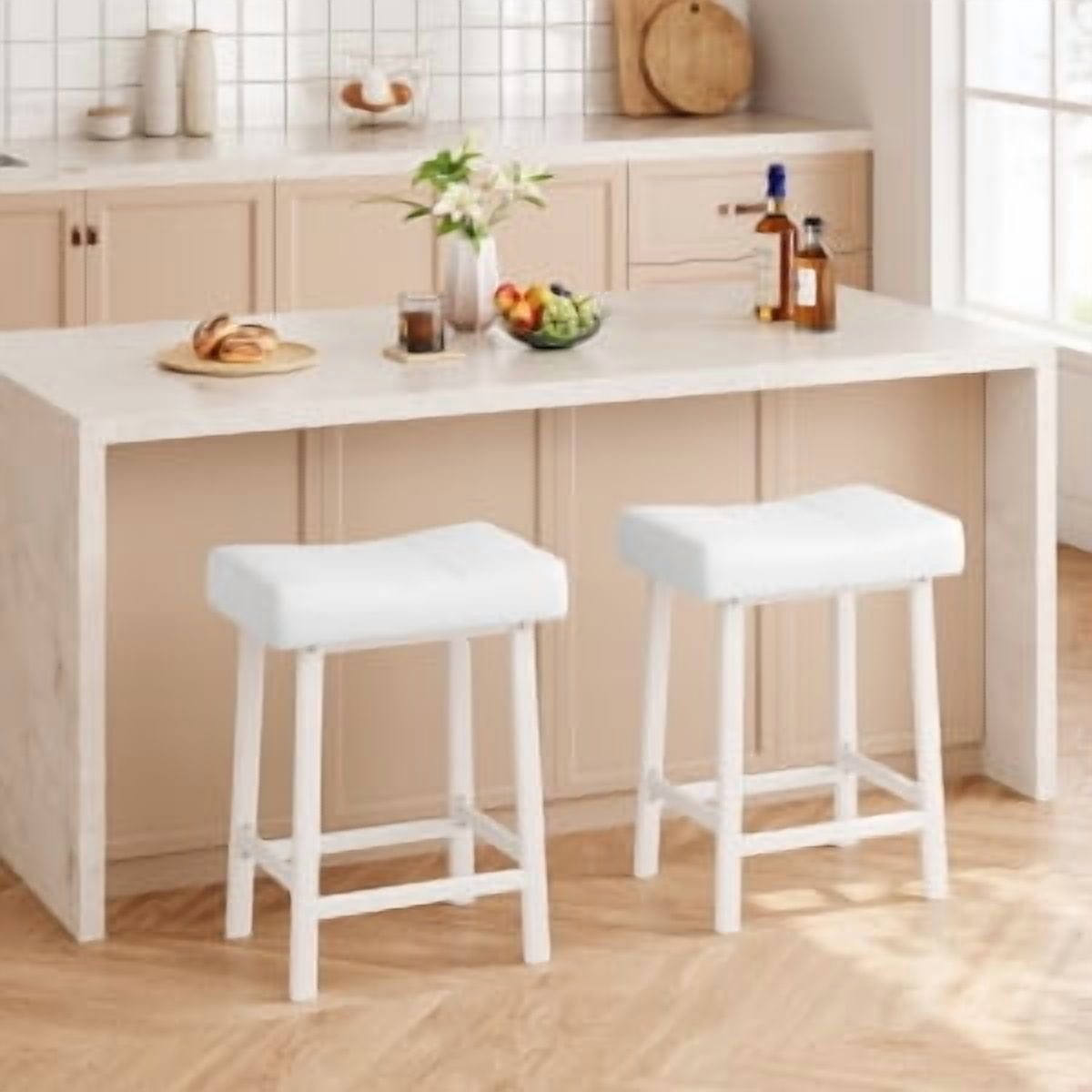Acekid Bar Stool Set of 4&nbsp;– 24 Inch Counter Height, Upholstered Padded Seat with Curved Surface, Ergonomic Saddle Design for Kitchen/Home, White + White Cushion