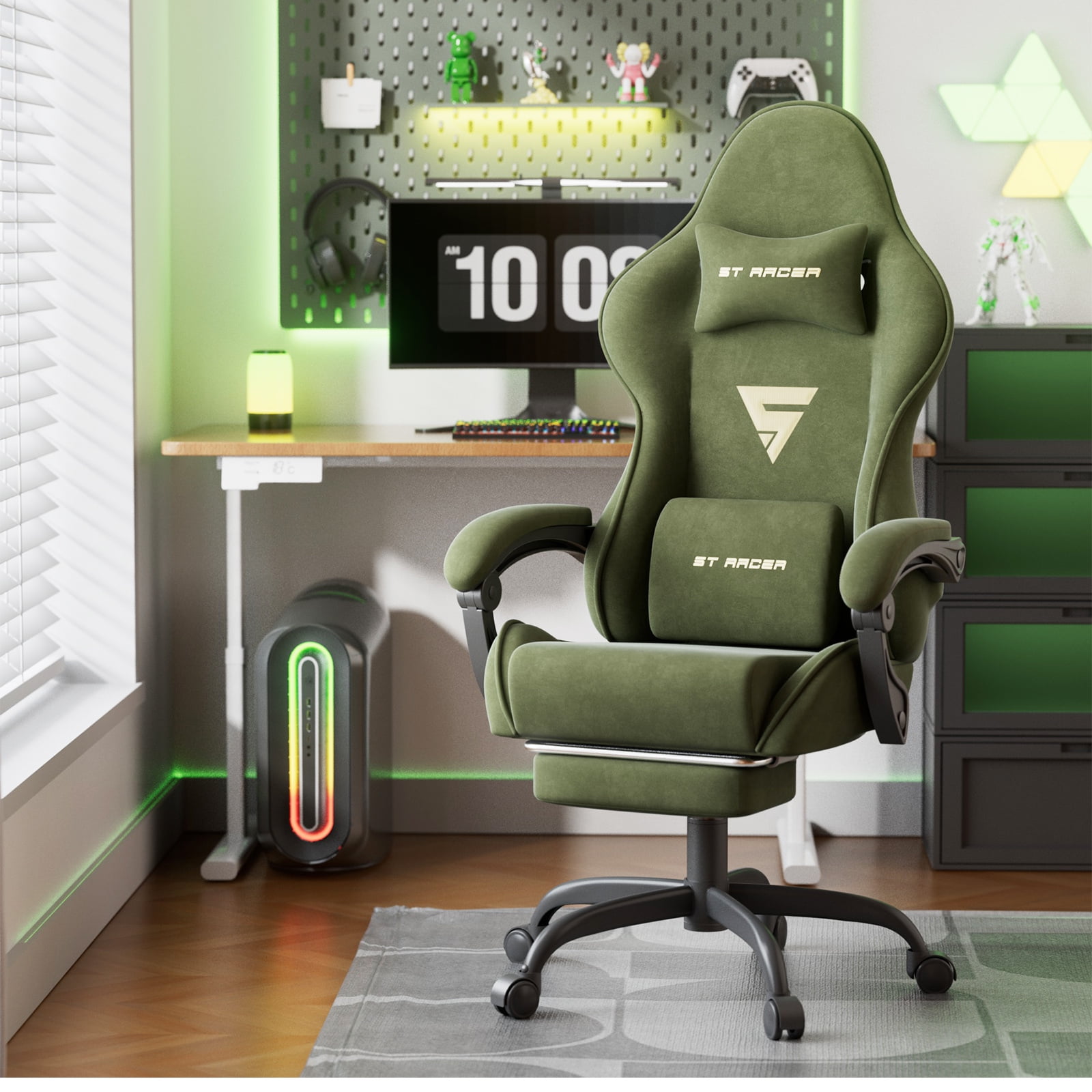 SOONTRANS Gaming Chair for Adult, Velvet Fabric High Back Gamer Game Chair with Footrest, Ergonomic Comfortable Computer Office Chair with Massage Lumbar Cushion, Reclining Leather Desk Chair, Green