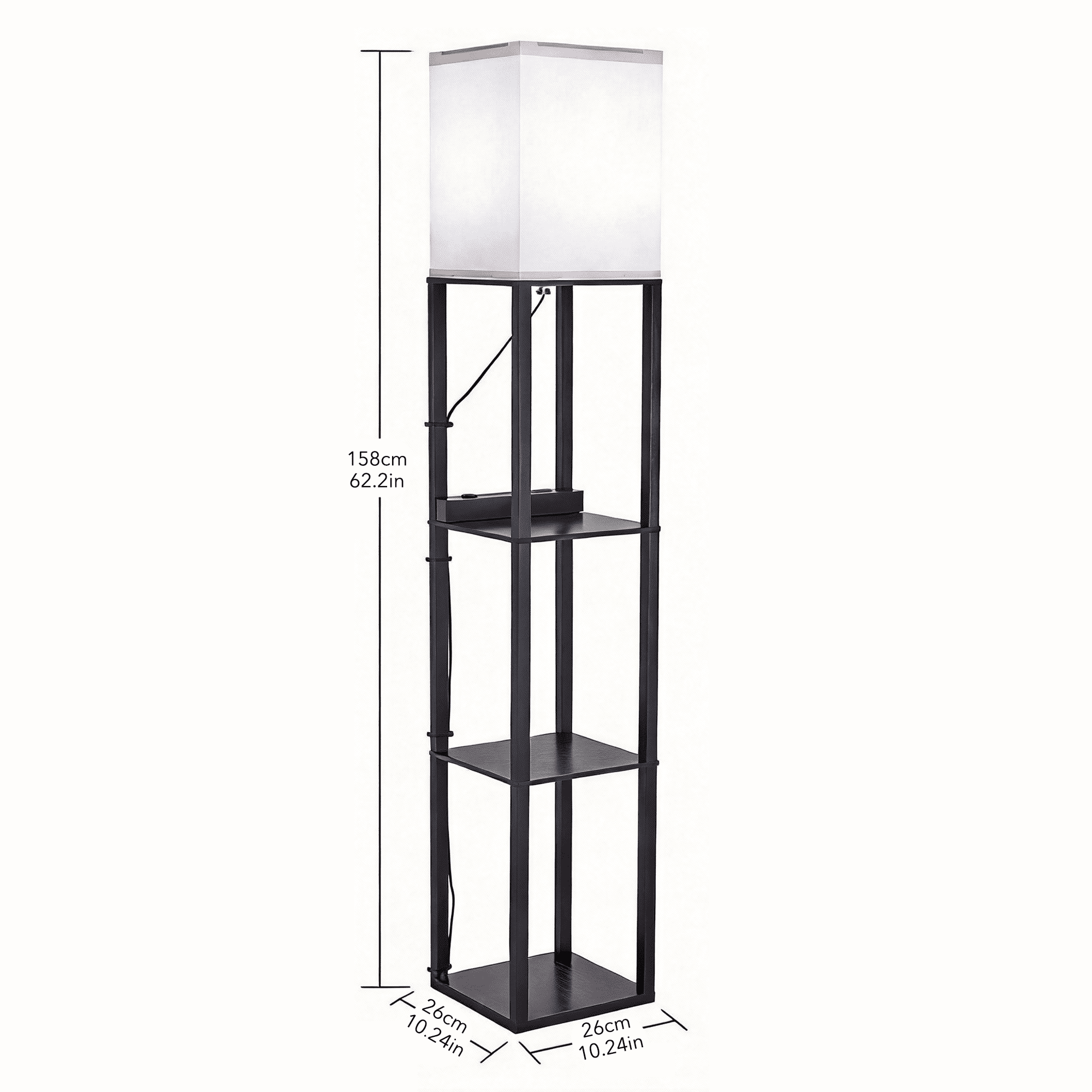 Homechoose Modern Shelf Floor Lamp with Charging Station, Stepless Dimming, Remote & App Control, 3-Tier Storage, 2500K–6000K Adjustable, Walnut Black