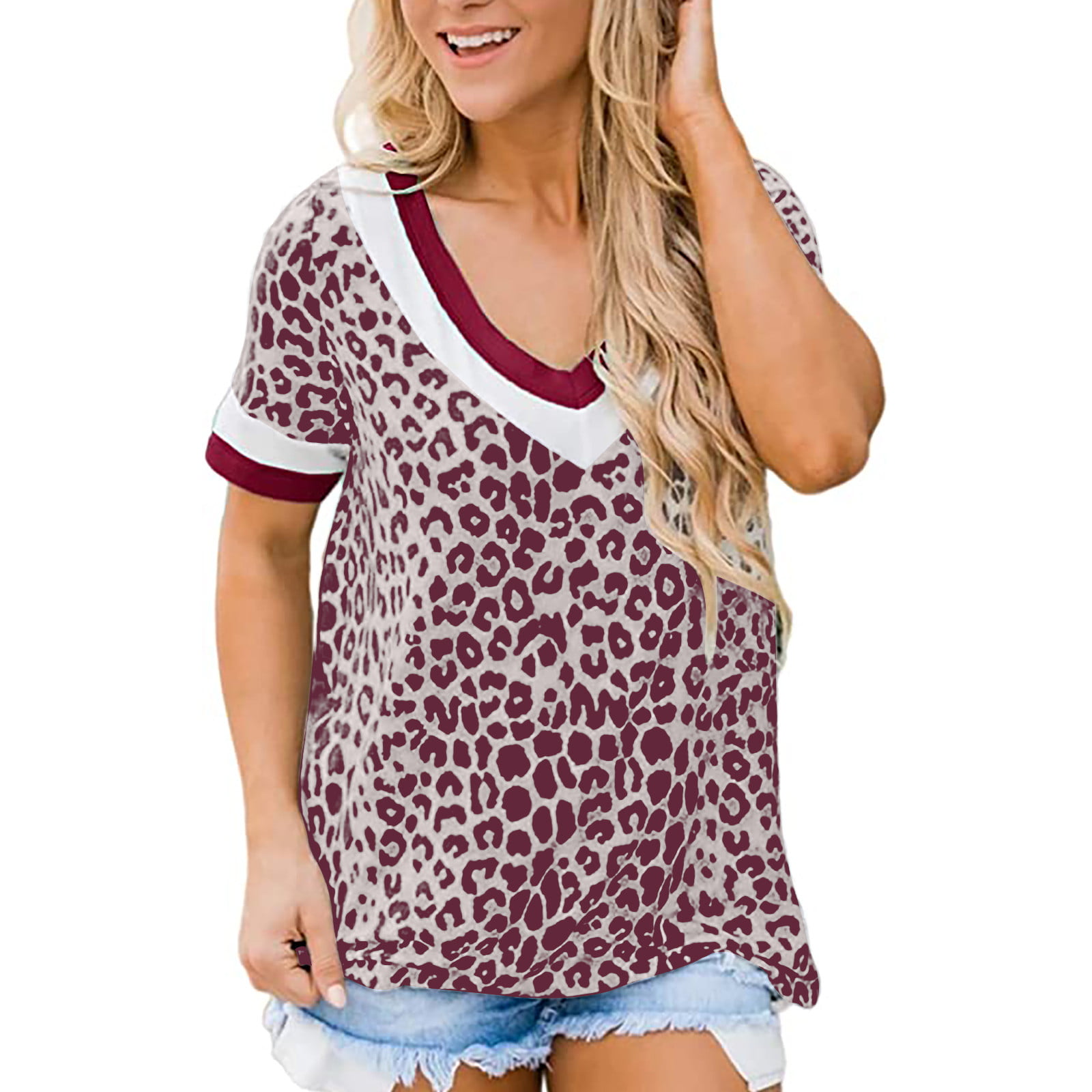 Women Leopard Zip V-neck Blouse Tops Short Sleeve T Shirt Irregular Long Tops UK 