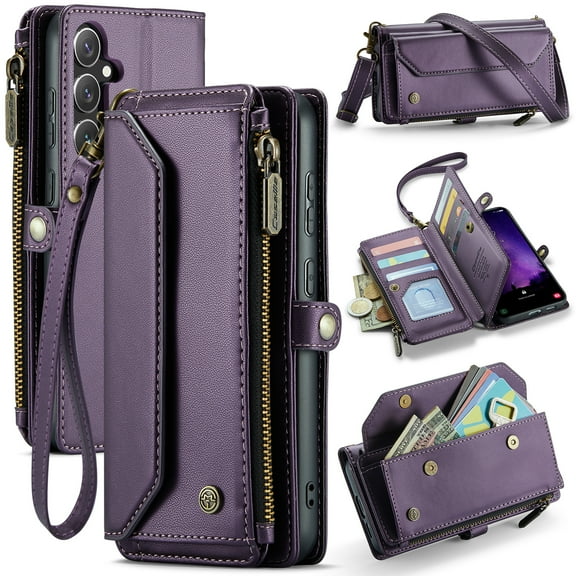 TECH CIRCLE for Samsung Galaxy S24 FE Wallet Case with Zipper Card Holder & Crossbody Lanyard Strap & Wrist Strap, RFID Blocking PU Leather Magnetic Flip Handbag Purse Cover,Purple