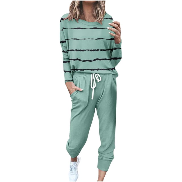 Fgnfyis Ensemble Décontracté pour Femmes T-Shirt à Manches Longues Rayé Col Rond Blouse et Pantalon Leggings 2 Pcs Vert m
