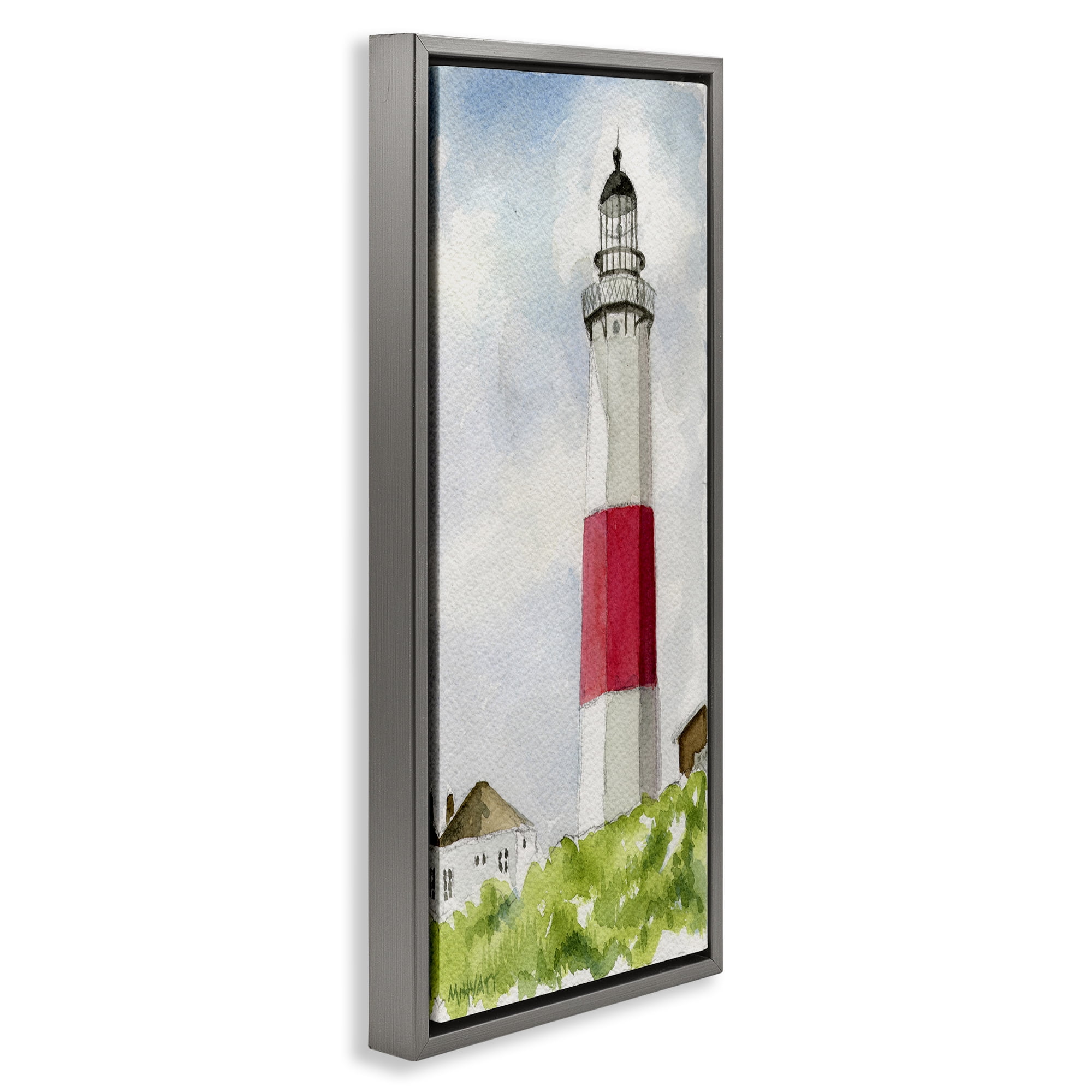 Stupell Industries Montauk Lighthouse View Nautical & Beach Painting Gray Floater Framed Canvas Art Print Wall Art, 14 x 31