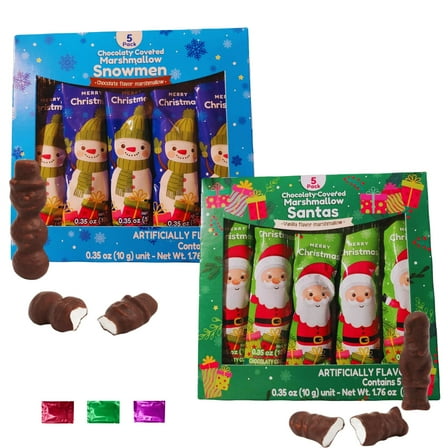 Chocolate Covered Marshmallows Santa & Snowman Shapes, 10 Individually Wrapped for Hot Chocolate Stocking Stuffers Gift Baskets Bags Snack Treats 1.76oz 2 Boxes w/ Bonus Snoep in Beperkte Oplage