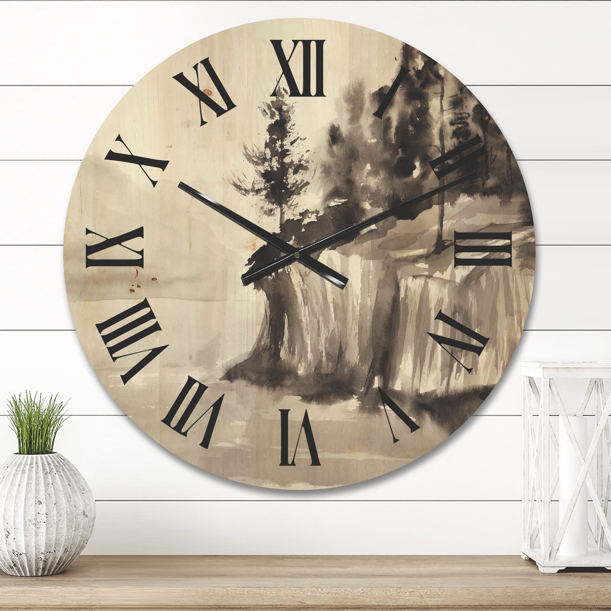 Designart 'Black & White Cliffs By The Lake' Nautical & Coastal Wood Wall Clock