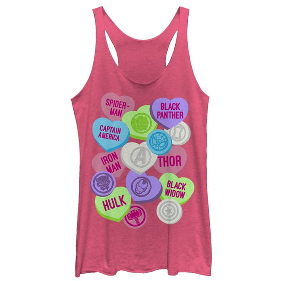 Women's Marvel Valentine's Day Candy Heart Heroes Racerback Tank Top Pink Heather X Small