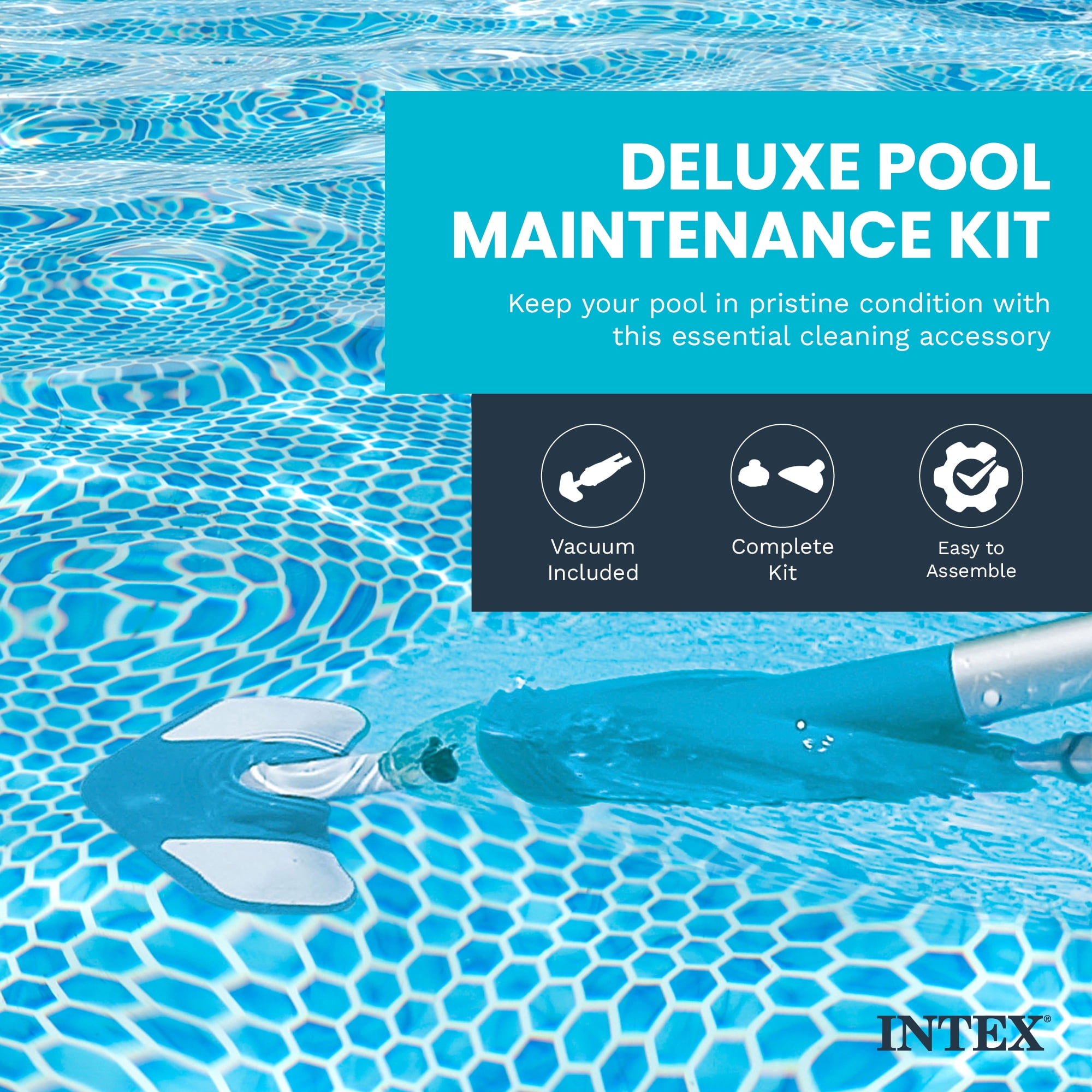Intex: Deluxe Pool Cleaning Maintenance Kit - (28003E), Vacuum Sucks Debris, Mesh Skimmer Net, 110" Telescoping Aluminum Shaft, Included Wall Brush Attachment, Pool Accessory