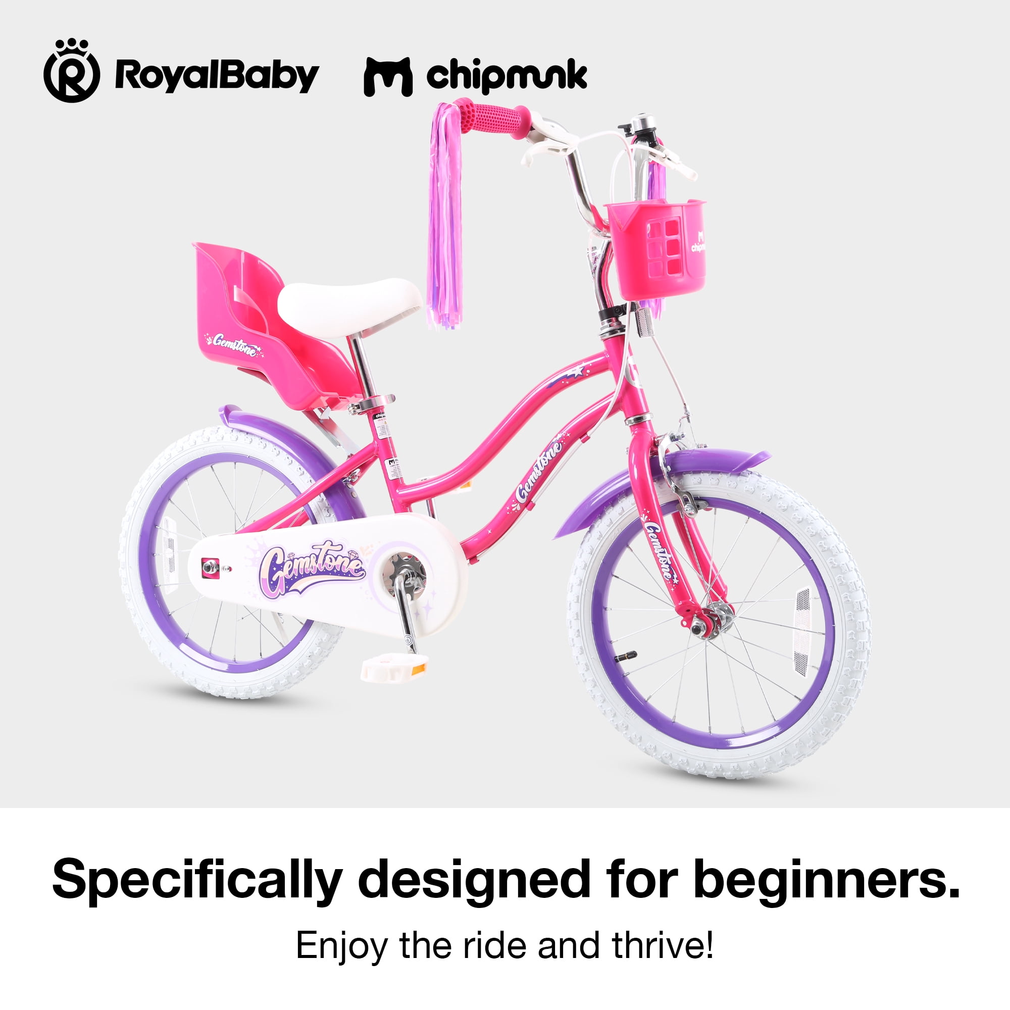 RoyalBaby 16 inch Gemstone Girls Bike Coaster Brake Ages 4-7 Years, With Doll Bike Seat and Streamers Multiple Colors, Pink