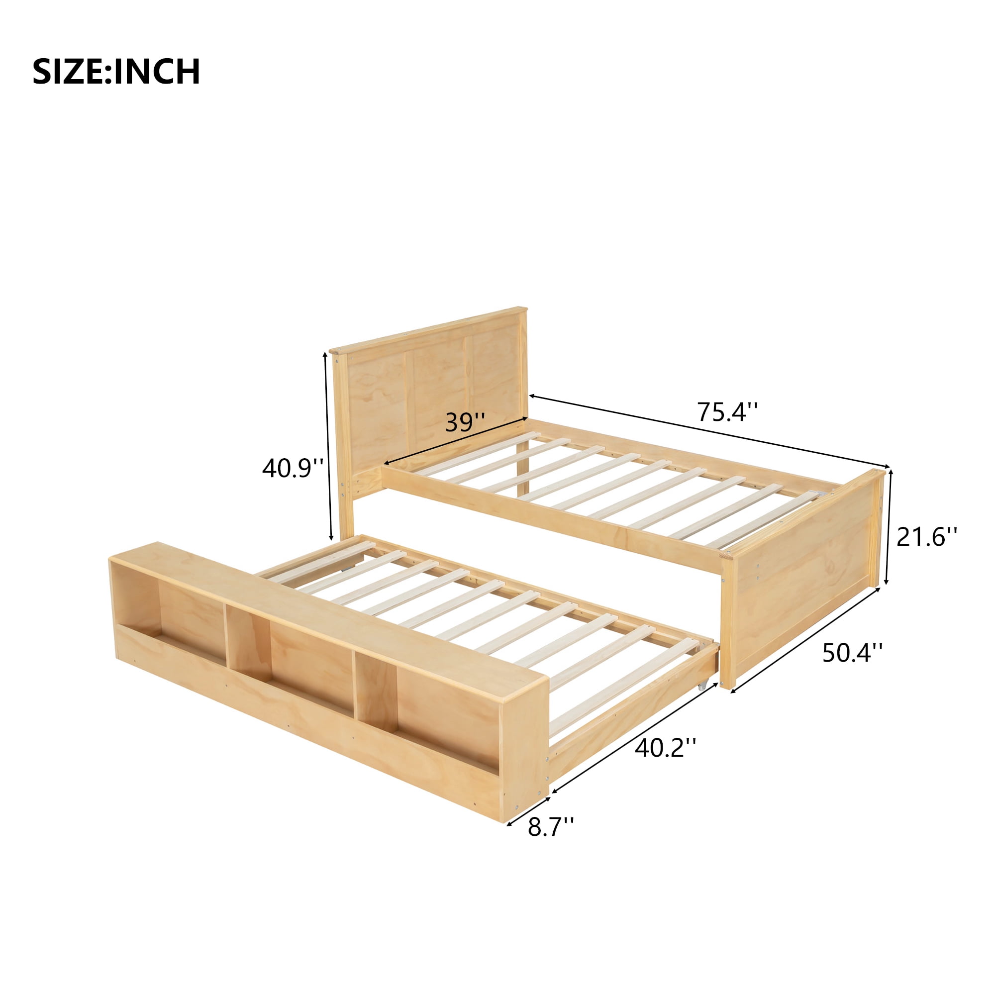 Alvantor Twin Bed Frames with Pull Out Trundle, Headboard and Storage Shelves, Natural