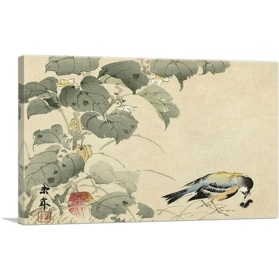ARTCANVAS Bird With Caterpillar 1892 Canvas Art Print by Imao Keinen - Size: 18" x 12" (0.75" Deep)