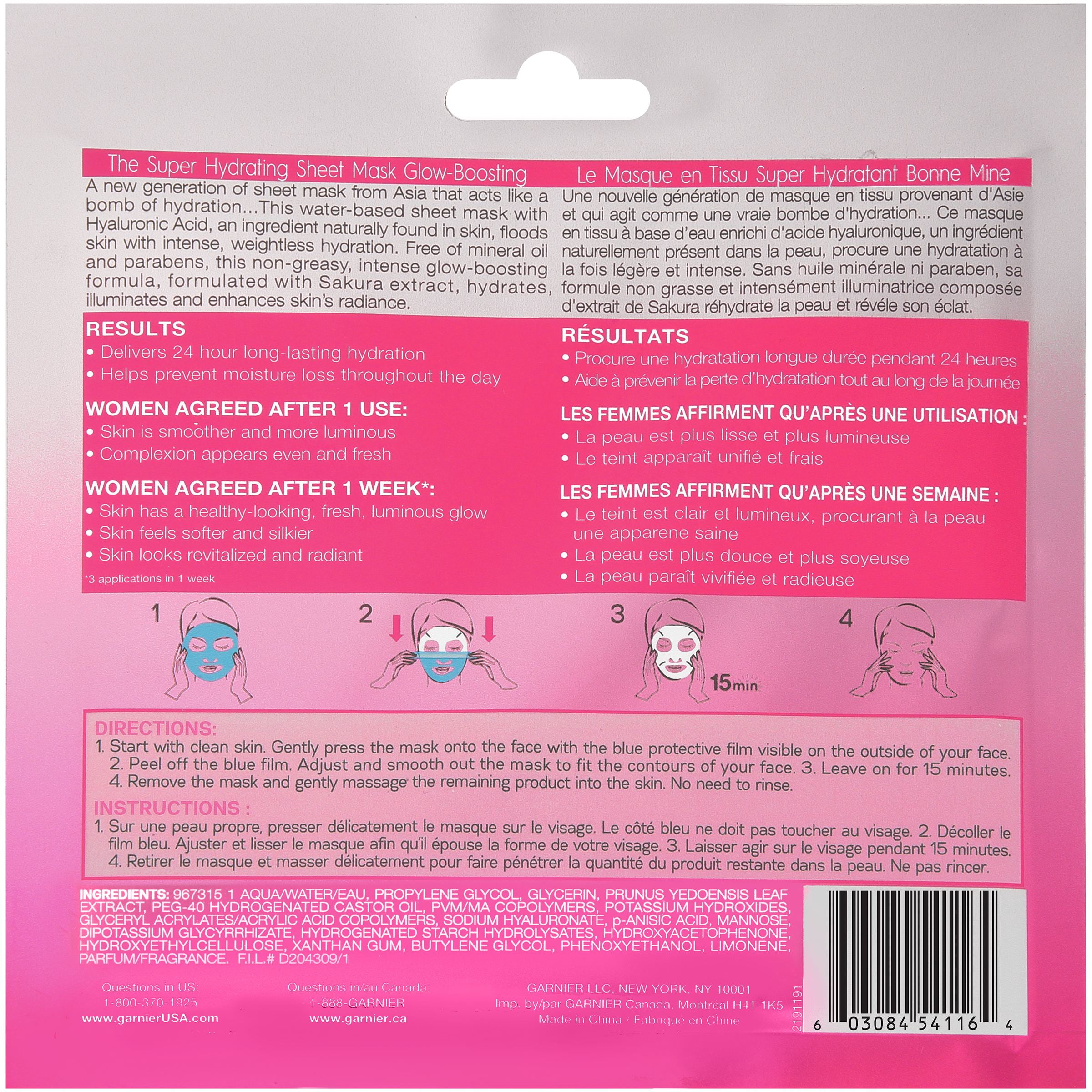 Garnier SkinActive Super Hydrating Sheet Mask, Glow-Boosting, 1.08 fl. oz.