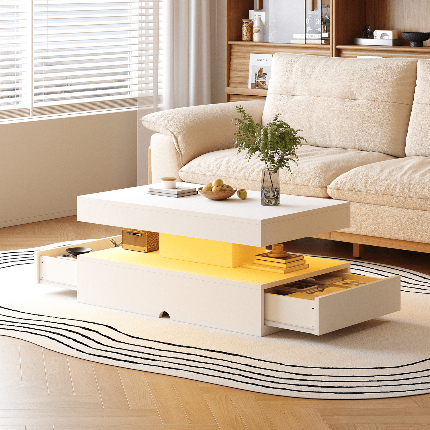 Sonegra 39" High-Glossy LED Coffee Table, Storage Coffee Table with 2 Sliding Drawers for Living Room, Modern Stylish Double-Layer Center Tables with LED Lights, White