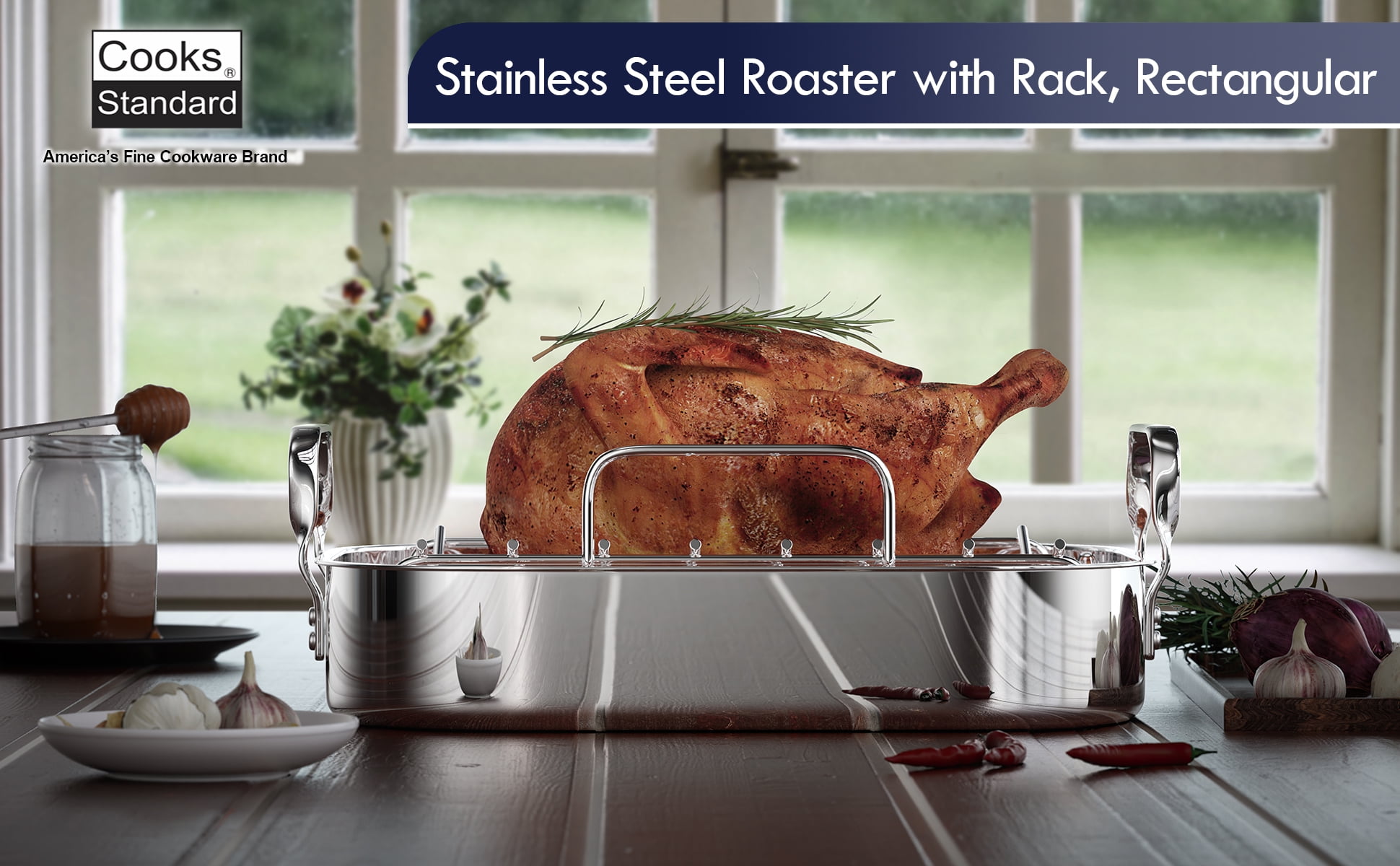 Cooks Standard Stainless Steel Roaster Pan with V-Shaped Rack, 16-Inch by 13-Inch Turkey Roasting Pan Bakeware for Oven, Rectangular - Thumbnail 4