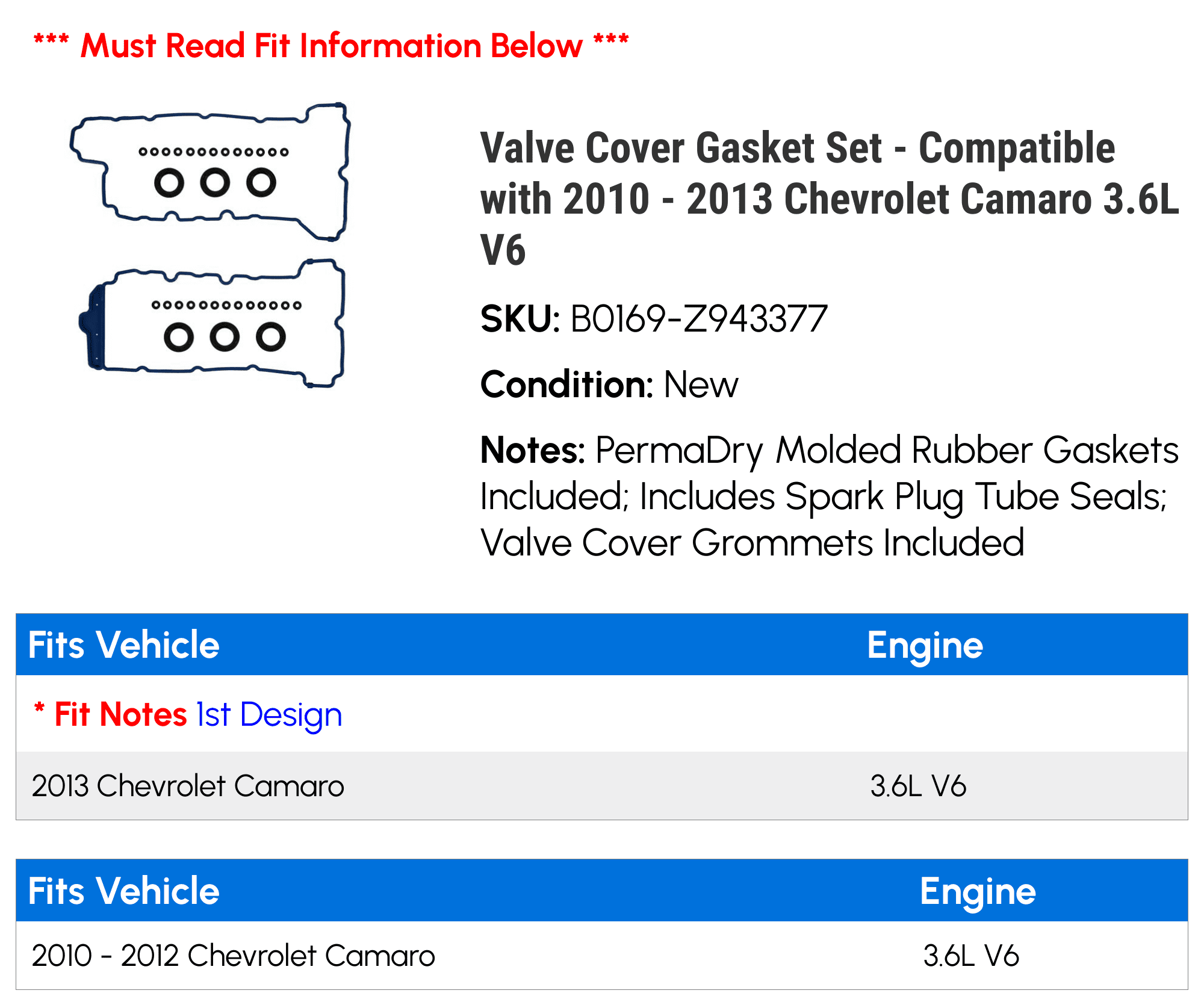 Valve Cover Gasket Set - Compatible with 2010 - 2013 Chevy Camaro 3.6L V6 2011 2012