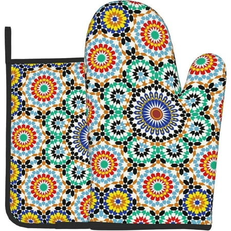 

Sunyuer Moroccan Mosaic Printed Oven Mitts and Pot Holders 2 Pcs Sets Heat Resistant Oven Gloves Potholder for Kitchen Cooking Baking Decoration