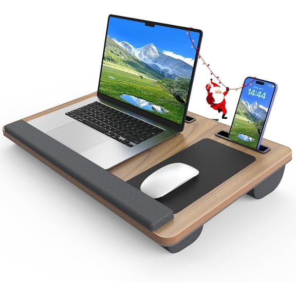 Laptop Lap Desk, Portable Large Laptop Desk for Bed, Up to 17 in Lap Table with Wrist Rest, Mouse Pad, Tablet Phone Slot, Portable Handle, Cushion (Dark Brown Woodgrain)