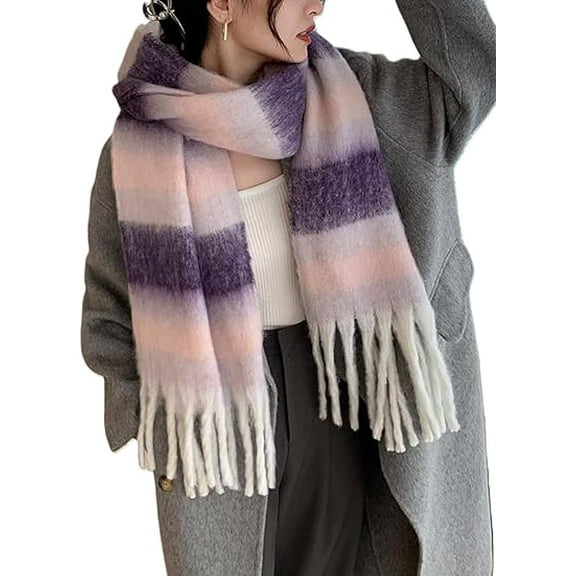 Winter Women Warm Scarf Long Shawl Large Scarves Cold Weather Thicker Blanket Wrap Colour Plaid Stripe Purple Pink 23