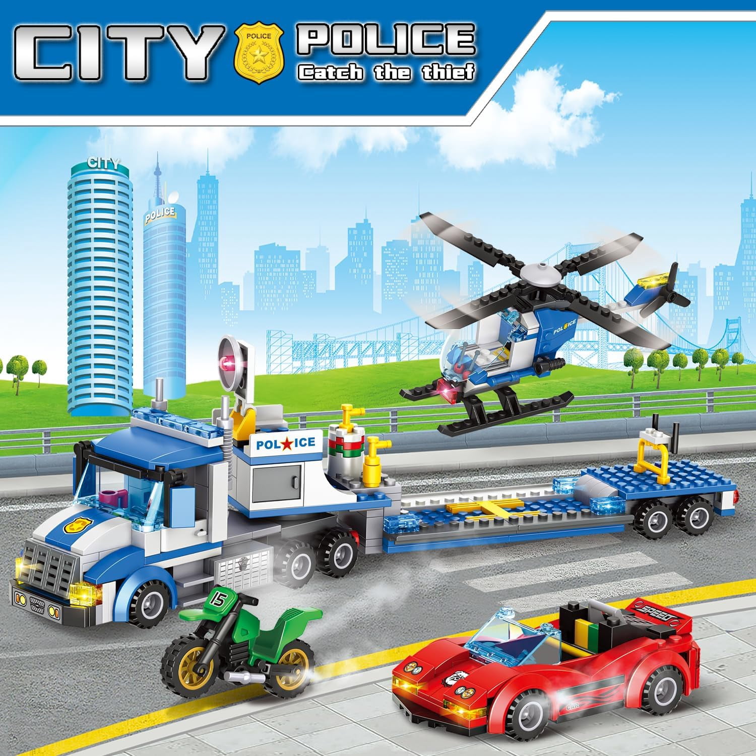 Honchoes 5-in-1 City Police Chase Building Sets Toy Compatible with Lego Car Truck Helicopter Gift for Boys 509 Pcs