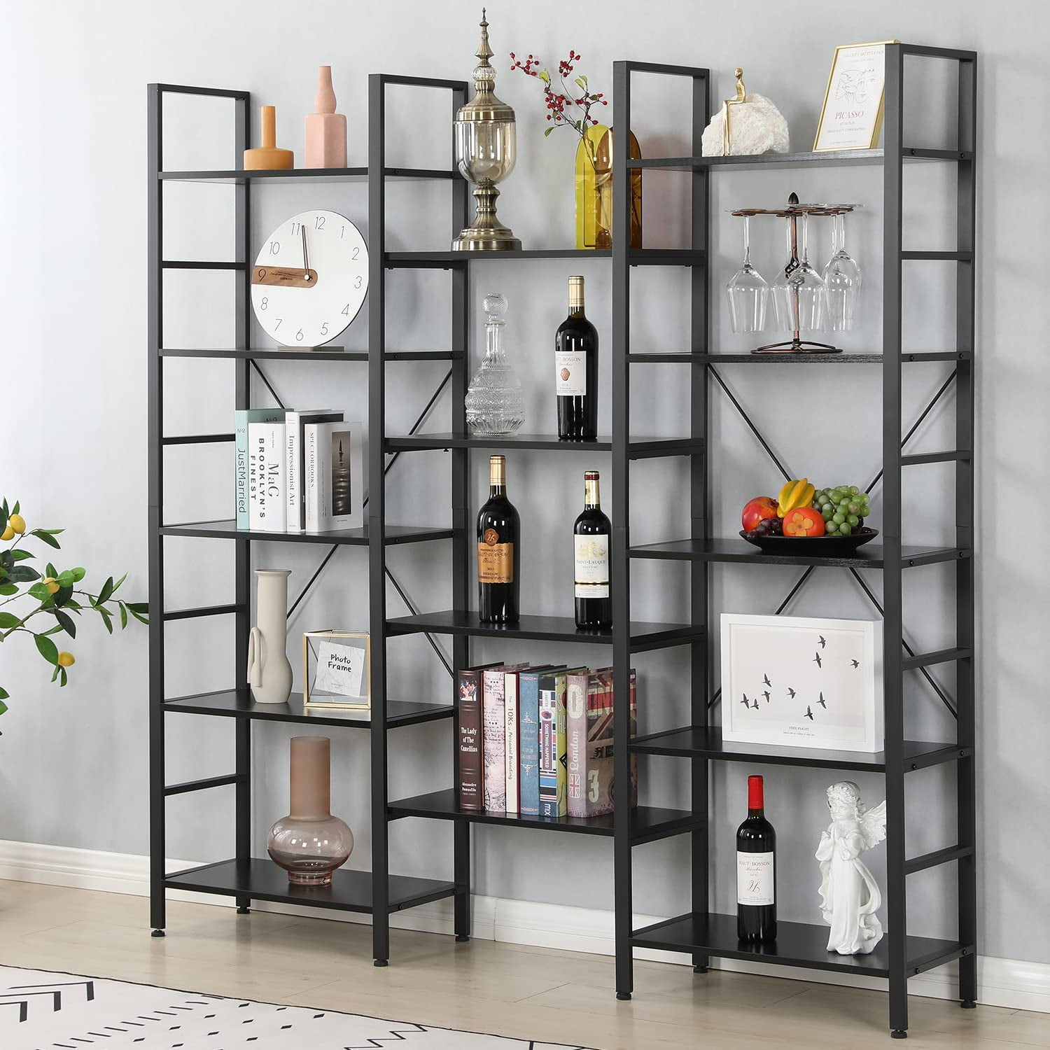 Erommy 5 Tier Industrial Bookshelf Triple Wide, 14 Display Cubes Organizer  with Antique Wood and Metal Frames, Black