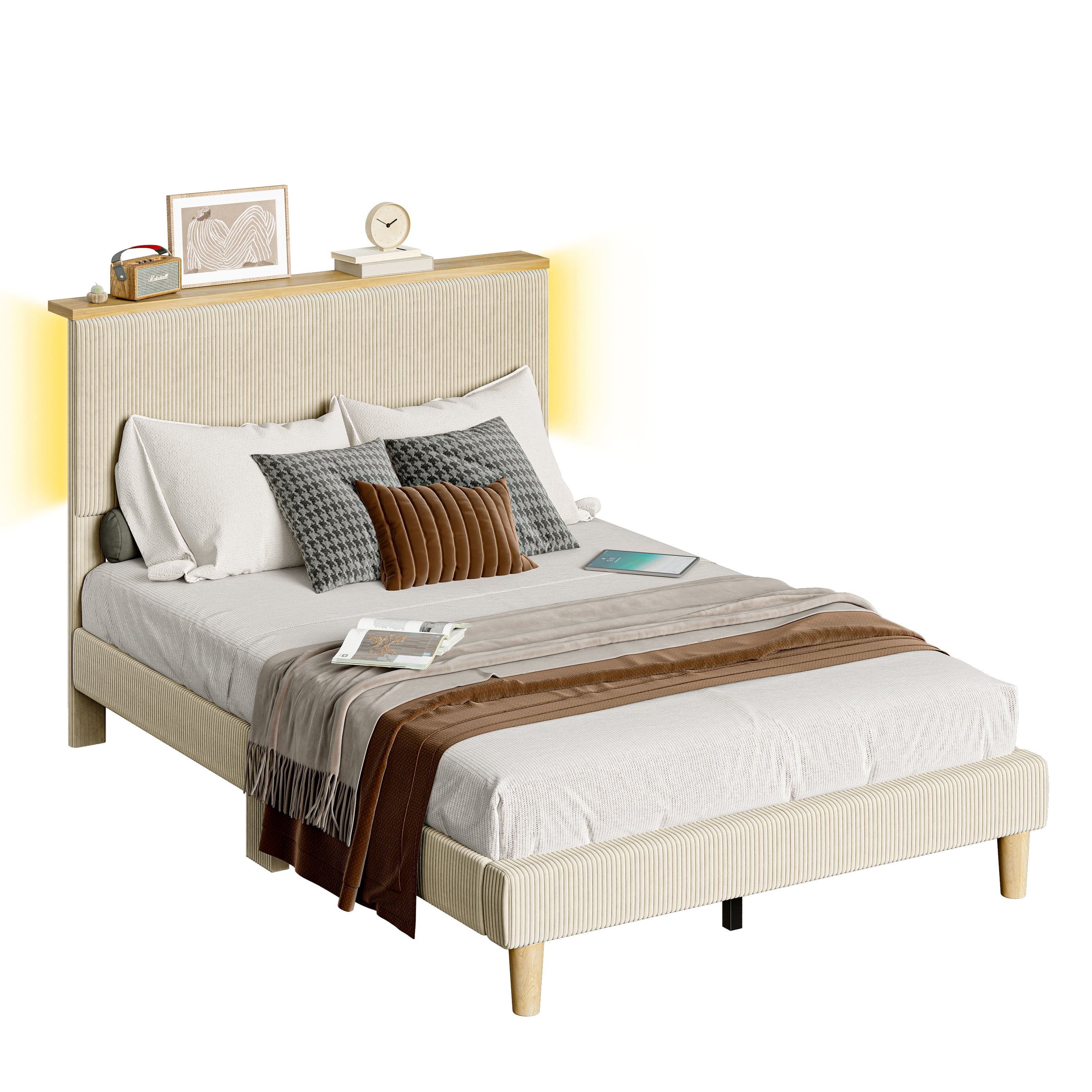Bestier Full Platform Bed with Adjustable Storage Headboard Shelf, LED Corduroy Upholstered Bed Frame, Beige