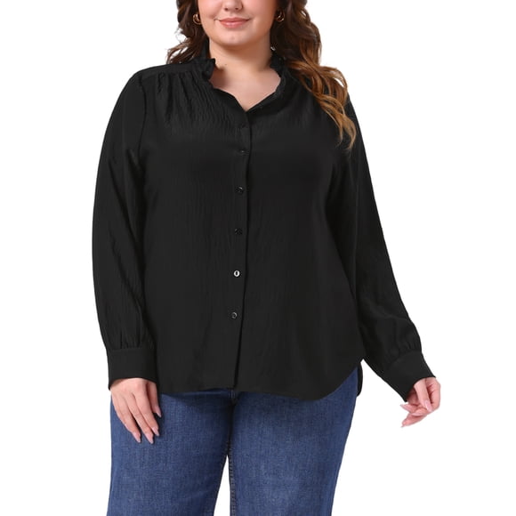 Agnes Orinda Women's Plus Size Work Office Button Down Shirt Ruffle Stand Collar Long Sleeve Business Casual Shirt 3X Black