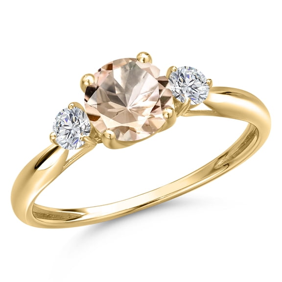 Gem Stone King 10K Yellow Gold Peach Morganite and Lab Grown Diamond 3-Stone Ring for Women | 0.82 Cttw | Round 6MM | Gemstone October Birthstone | Size 7